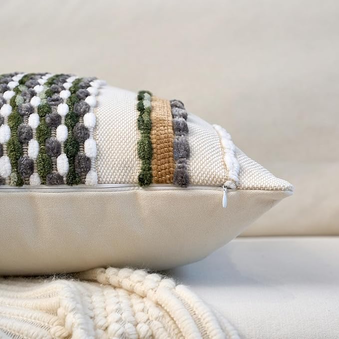 Aeckself Boho Pillow Covers 18x18 Inch Set of 2, Farmhouse Decorative Striped Square Chenille Tufted Accent Neutral Throw Pillow Covers for Living Room Couch Bed, Green