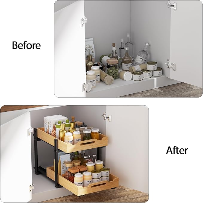 Golener Pull Out Cabinet Organizer - 2-Tier Slide Out Bamboo Drawers for Kitchen Cabinets, Bathroom Organizers and Storage, Under Sink Organizer for Kitchen Storage Organization with Coated Iron Frame