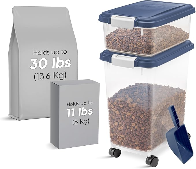 IRIS USA Dog Food Storage Container, 30 lbs & 11 lbs Combo, Cat Food Storage Container, Dog Treat Container, Airtight, Stackable, 2-Cup Scoop, Wheels, Easy Mobility, Navy