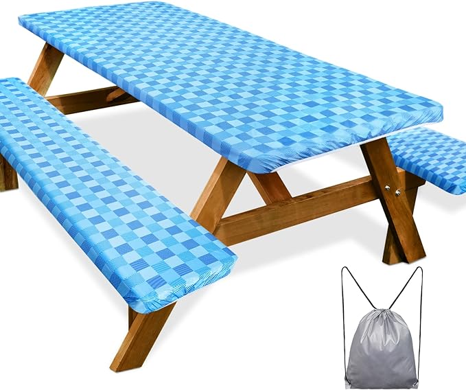 Picnic Table Cover with Bench Covers Camping Essentials Waterproof Windproof Camping Tablecloth with Drawstring Bag, Fitted Rectangle Tables and Seats, 72in, Blue