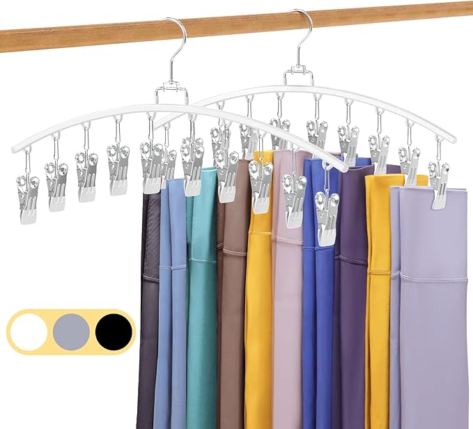 2 Pack Legging Organizer for Closet 360° Swivel, Space Saving Metal Gym Clothes Hangers w/20 Clips Holds 20 Leggings, Closet Organizers and Storage, Room Organization Essentials, White