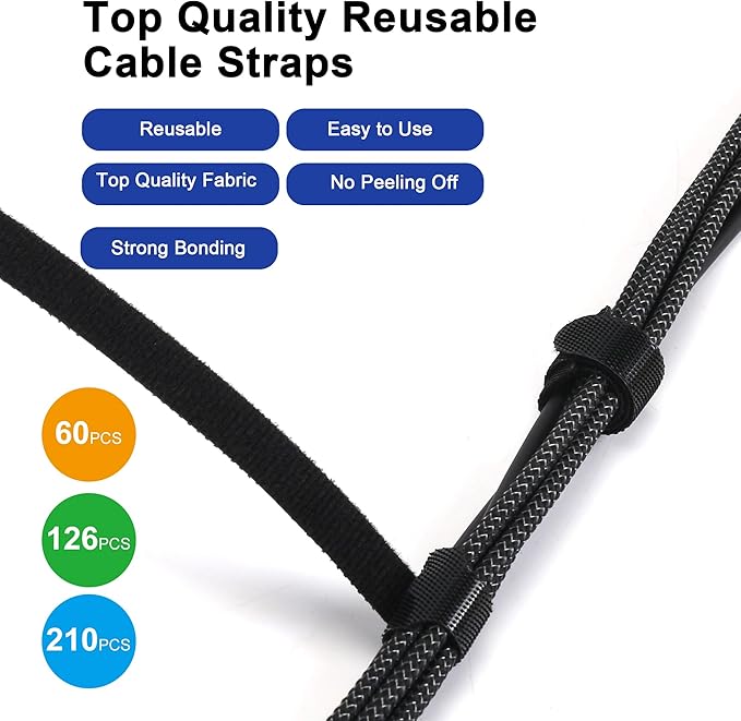 Nettbe Reusable Cable Ties, 210 PCS 8 Inches Adjustable Cord Straps Wire Organizer Cord Wrap and Hook Loop Cable Management