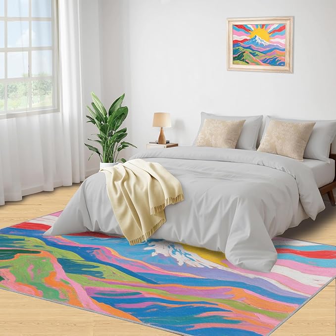 Boho Sun Runner Rugs 2x4ft, Watercolor Mountain Small Entryway Mats, Abstraction Deco Laundry Room Rug Non Slip Durable Throw Rugs for Front Door Bedroom Bedside