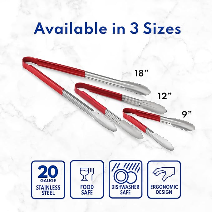New Star Foodservice 16 Inch Utility Spring Tongs, Set of 12, Commercial Restaurant Grade Stainless Steel Tongs with Red Vinyl Coated Handles