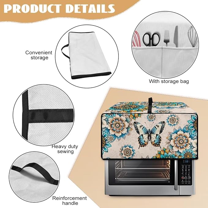 Microwave Oven Dust Cover Waterproof Polyester-Linen Fabric Microwave Oven Cloth Cover Universal Case Protections Protector with Storage Bags, Boho Mandala Floral Butterfly Print, L