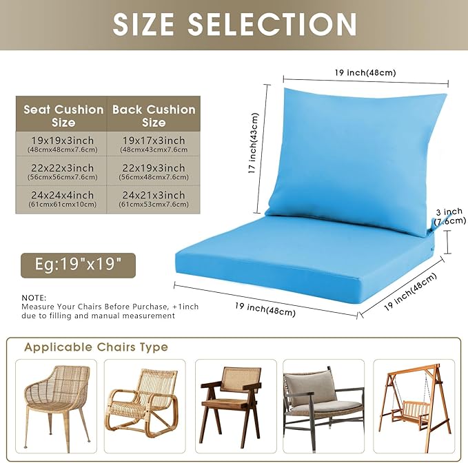 Outdoor Seat Cushion Set 22 x 22 In, Water-Resistant & Fade-Resistan, Patio Furniture Cushions with Removable Cover Deep Seat & Back Cushion with Handle and Adjustable Straps for Chair Sofa,2PC