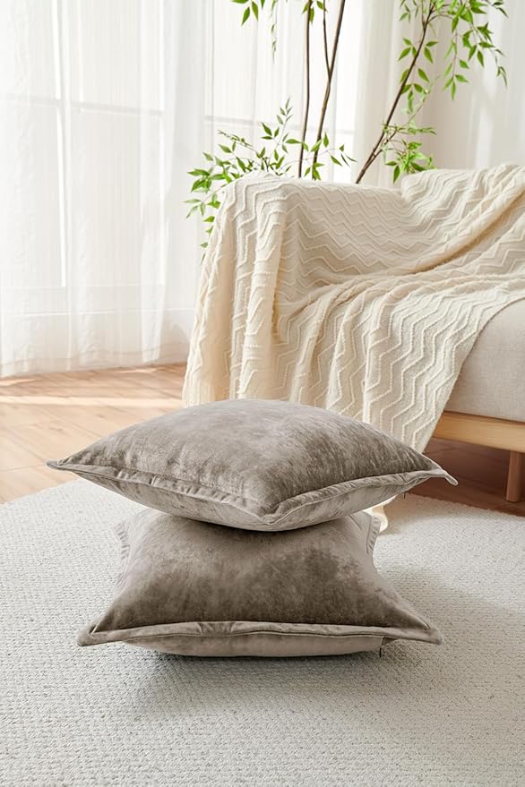Luxurious Velvet Euro Shams Decorative Throw Pillow Covers 26x26 Set of 2 Solid Square Euro Pillow Shams for Sofa Couch Bedroom, Brown