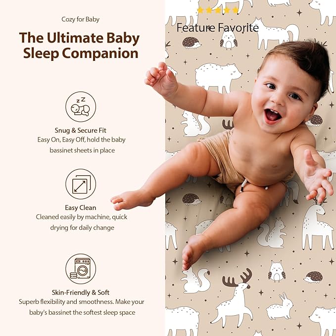 Baby Bassinet Sheets Girl Boy, Fitted Bassinet Sheet Set 3 Pack Bassinet Mattress Sheets Universal Fit for Rectangle, Round, Oval, Hourglass Mattress, Soft Breathable Blue & Apricot Bear