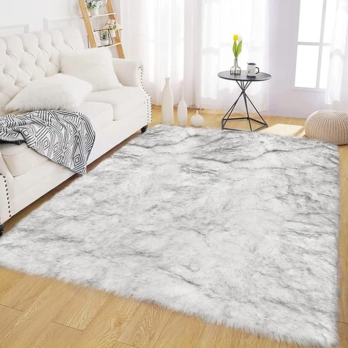Latepis Rugs for Living Room Faux Fur Rug 5x6.7 White with Grey Tips Washable Sheepskin Rugs Bedside Shag Rug for Bedroom Dorm Home Decor Rectangle