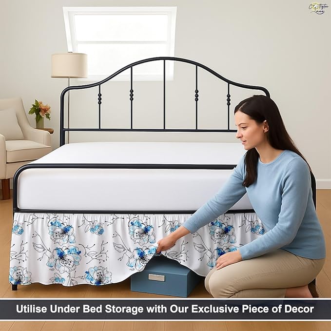 Cottington Lane Ruffled Bed Skirt Queen Size with Split Corner, Brushed Microfiber Hotel Quality Dust Ruffle, 12 Inch Drop Gathered Bedskirt, Soft, Stylish, Shrink & Fade Resistant, Blue Blossom