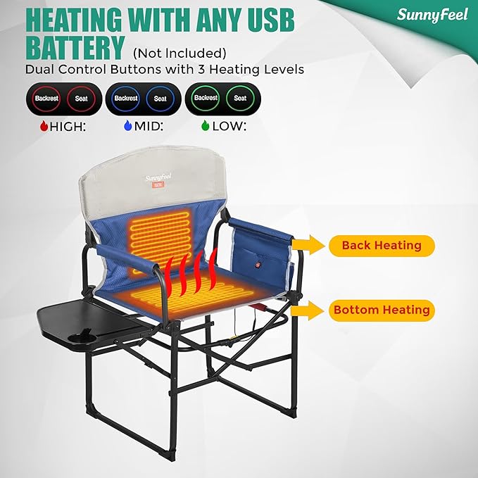SUNNYFEEL Heated Camping Directors Chair, Heavy Duty,Oversized Portable Folding Chair with Side Table, Pocket for Beach, Fishing,Trip,Picnic,Lawn,Concert Outdoor Foldable Camp Chairs