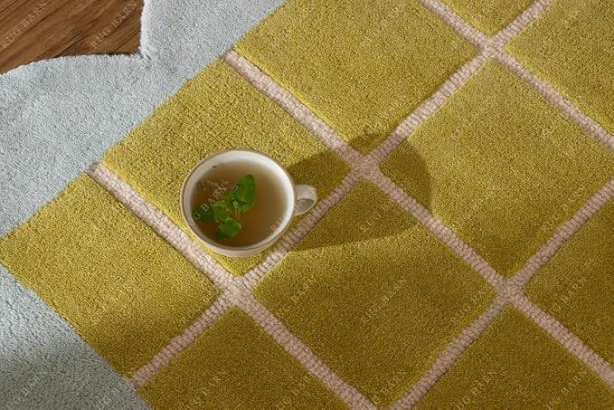 Checkered Wool Area Rug with Scalloped Border, Chartreuse Green & Cream Grid, Hand-Tufted, Soft Cut Pile, Modern Cottagecore Living Room, Bedroom & Nursery Carpet - 3x5 Ft