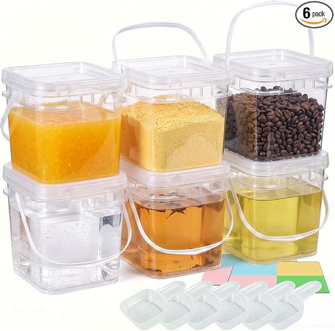 DEMORA 68oz Food Grade Square Plastic Bucket with Lid, Clear Airtight Storage Container, Reusable Pail for Kitchen Food Water Ice Cream Household Use (Transparent, 6Pcs)