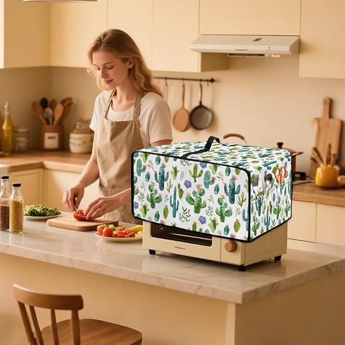 Watercolor Cactus Floral Print Toaster Oven Cover Waterproof Polyester-Linen Fabric Microwave Oven Dust Cover Foldable Kitchen Appliance Protector Dirt and Fingerprint Protection, S