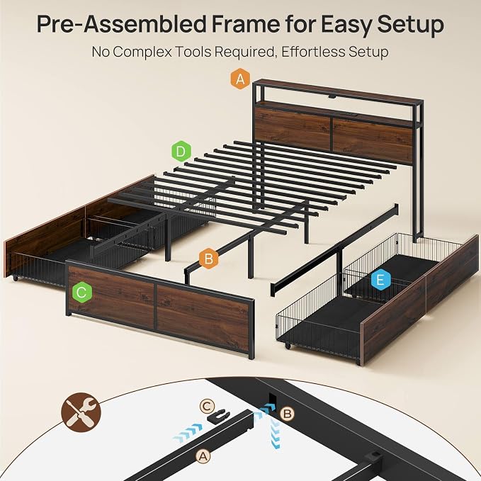 Rolanstar Queen Bed Frame with 4 Storage Drawers, Charging Station and LED