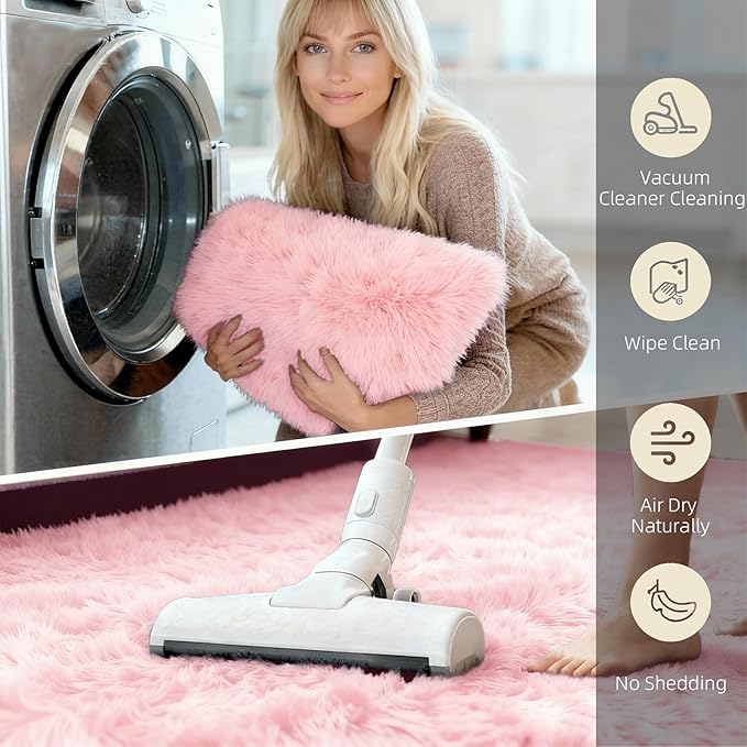 2x3 Solid Fluffy Pink Area Rug – Washable, Durable, Small Bedroom Rug, Non-Slip High Pile Shag Rugs for Living Room, Bedroom, Bedside, Dorms,Grils Rooms, Kids Room, Soft Indoor Floor Carpet