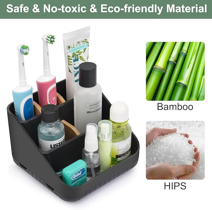 Chintu Toothbrush Holders Bathroom Countertop Organizer-Electric Tooth Brushing Holder 6 Slots Toothbrush Caddy for Counter Organization Kids Family Toothpaste Holder for Vanity Storage Black