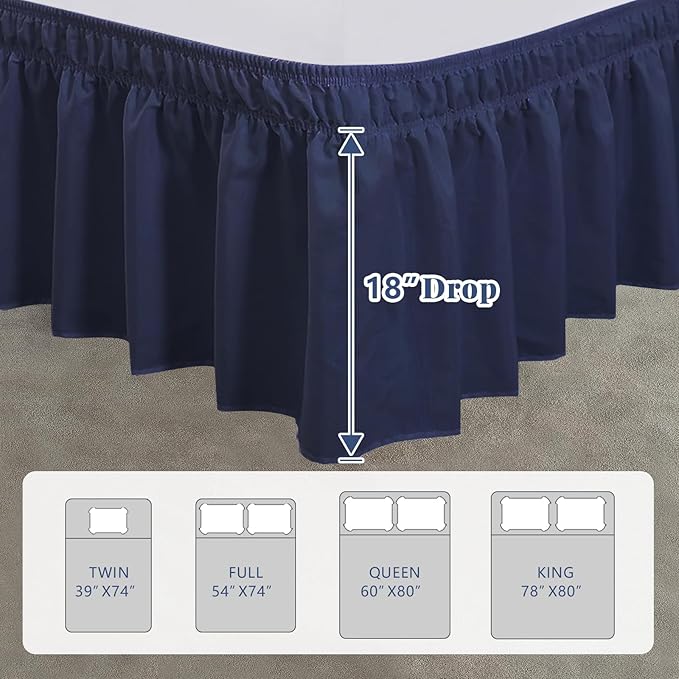 King Bed Skirt, Elastic Wrap Around Bed Skirt King Size, Bed Skirts for Adjustable Bed, Easy Fit with 18" Drop Length Tailored Drop Dust Ruffle (Navy)