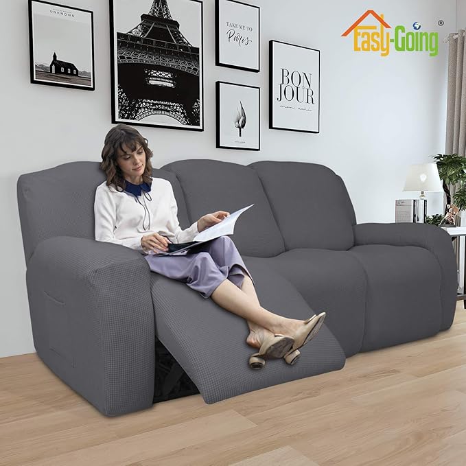 Easy-Going 8 Pieces Recliner Sofa Stretch Sofa Slipcover Sofa Cover Furniture Protector Couch Soft with Elastic Bottom Kids, Spandex Jacquard Fabric Small Checks Gray