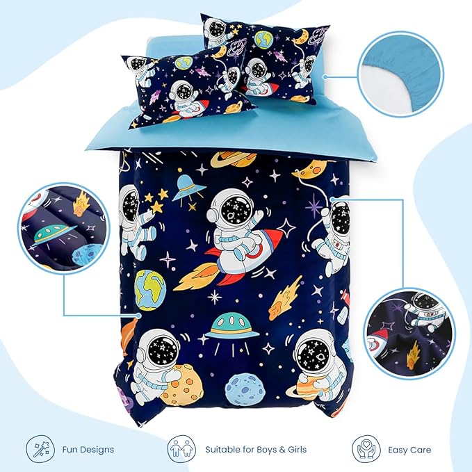 SANDJEST Astronaut Bedding Sets for Boys, Ultra Soft Microfiber Comforter Full Size Set with 4-Pieces, Comforters for Kids Children Boy Bedroom Decor