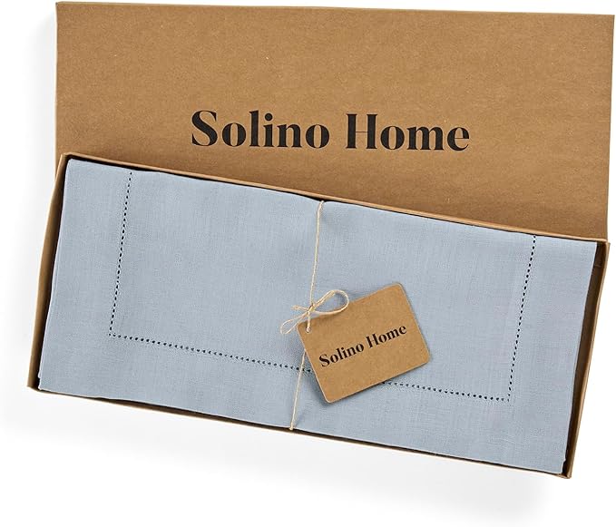 Solino Home Linen Table Runner 120 Inches Long - 100% Pure Linen Dusty Blue Table Runner 14 x 120 Inch - Classic Hemstitch