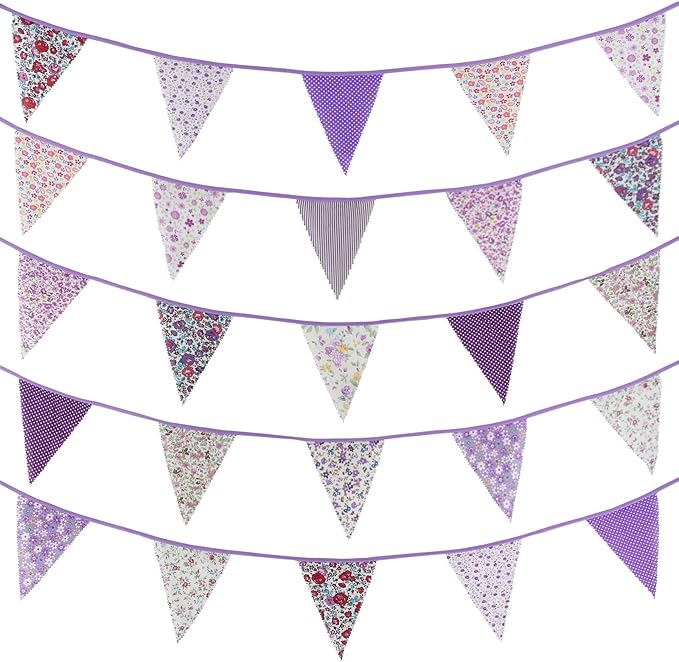 Zwiebeco 39Ft Purple Floral Fabric Bunting Banner Triangle Flag Party Decorations Hanging Cotton Rustic Vintage Flowers Garland Pennant for Wedding Birthday Tea Nursery Home Outdoor Garden Supplies