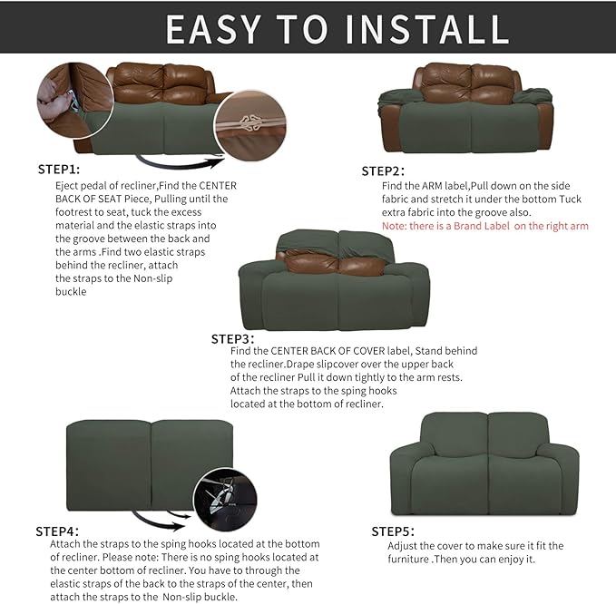 Easy-Going 6 Pieces Recliner Loveseat Stretch Sofa Slipcover Sofa Cover Furniture Protector Couch Soft with Elastic Bottom Kids, Spandex Jacquard Fabric Small Checks Olive Green