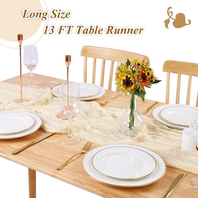 Cream Cheesecloth Table Runner 13.3FT Rustic Sheer Gauze Table Runners 157 Inch Boho Cheese Cloth Table Decorations for Wedding Party Bridal Baby Shower Birthday Home Decor