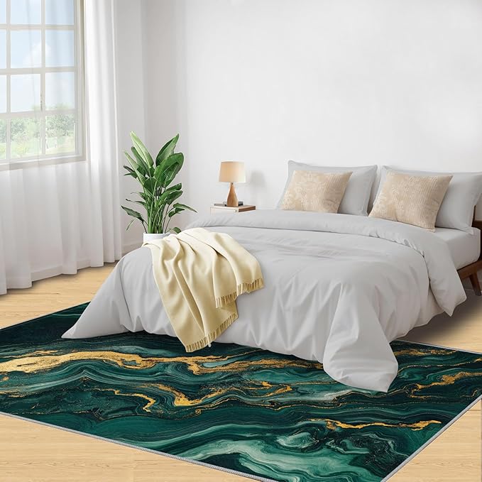 4x5 Abstract Marble Indoor Outdoor Rug - Emerald-Green-Marble Bedside Rug, Luxury Stone Pattern Washable Entry Way Rugs Kids Carpet for Inside House Playroom Living Room End Table Nursery
