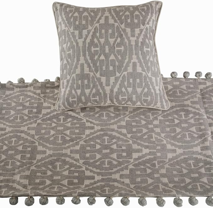 The HomeCentric Grey Bed Runner Without Pillow Cover, Twin Size 53"x18" Decorative Bed Runner, Grey Cotton Bed Scarf in Aztec Pattern with Tassels - Grey Aztec
