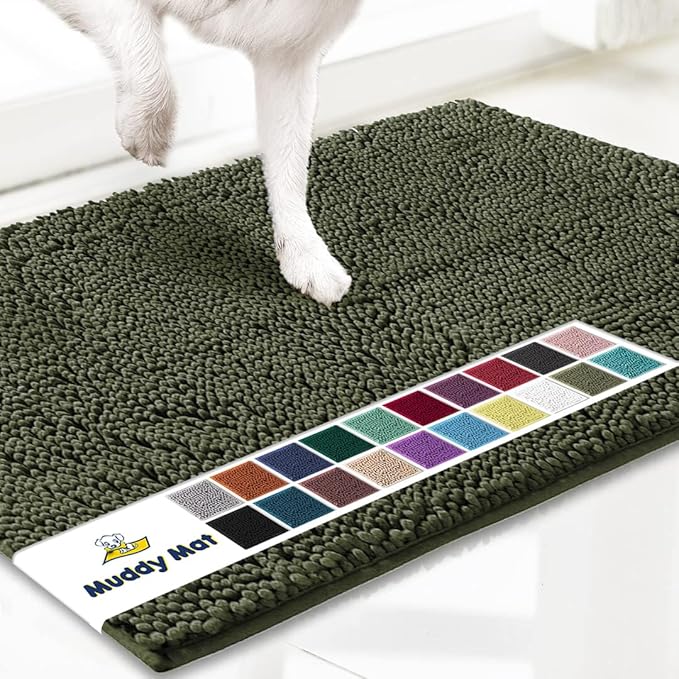 Muddy Mat® AS-SEEN-ON-TV Highly Absorbent Microfiber Door Mat and Pet Rug, Non Slip Thick Washable Area and Bath Mat Soft Chenille for Kitchen Bedroom Indoor and Outdoor - Army Green 36" x 120"