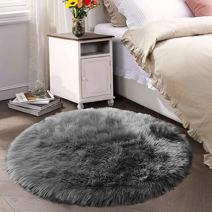 Latepis Dark Grey Round Rugs 5ft Faux Sheepskin Fur Rug for Bedroom Plush Fluffy Rug for Living Room Dorm Entertainment Room Luxury Home Decor