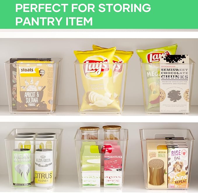 6 Pack Clear Plastic Storage Bins, 11" Large Pantry Organizer Bins with Handles, Plastic Containers for Refrigerator,BPA-Free Perfect for Kitchen,Fridge,Cabinet,Pantry,Bathroom,Closet Organization