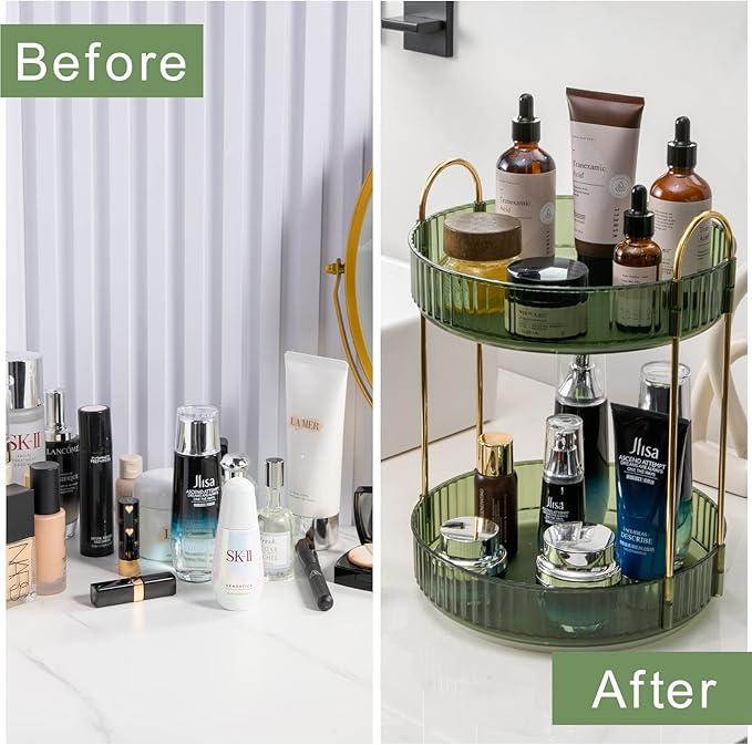 shuang qing Rotating Makeup Organizer for Vanity, High-Capacity Skincare Make Up Storage Perfume Organizers Cosmetic Dresser Organizer Countertop 360 Spinning (Green, 3 Tier)