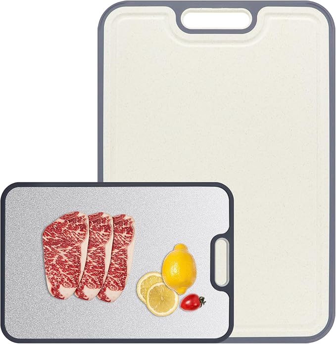 Titanium Cutting Board for Kitchen，100% Double Sided Solid Pure Titanium Cutting Board with Juice Groove &Wheat Straw PP Chopping Board Food Grade (Medium (15''×11‘’ Inche))