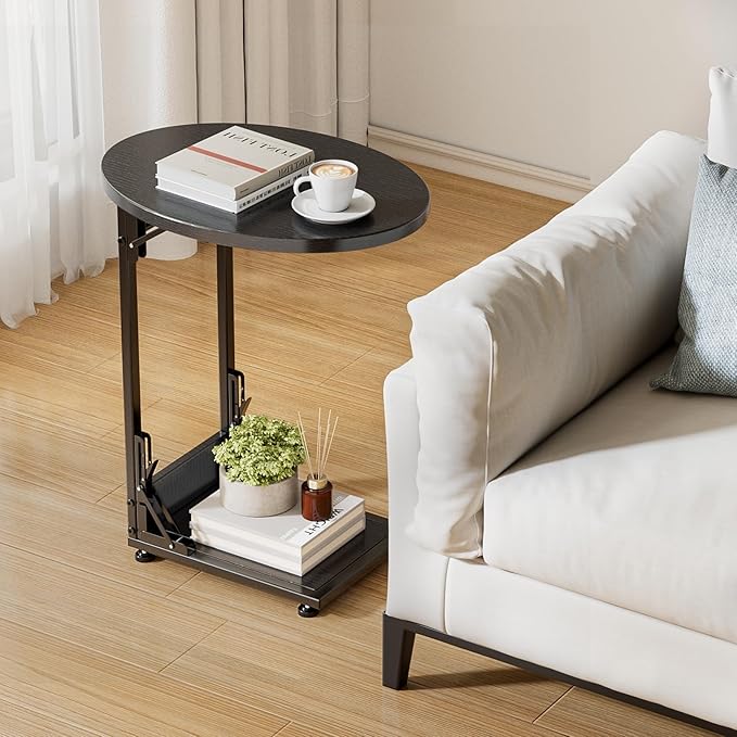 Elbourn Folding Side Table End Couch Tables, C-Shaped End Table for Living Room, Small End Table for Bedroom, Coffee Table (Black)