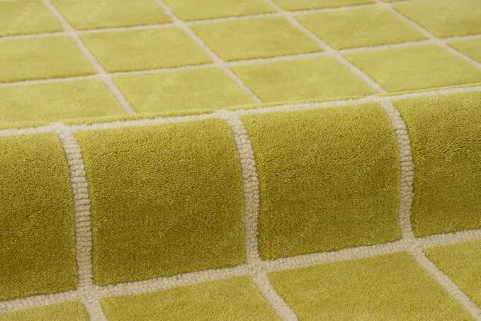 Checkered Wool Area Rug with Scalloped Border, Chartreuse Green & Cream Grid, Hand-Tufted, Soft Cut Pile, Modern Cottagecore Living Room, Bedroom & Nursery Carpet - 3x5 Ft