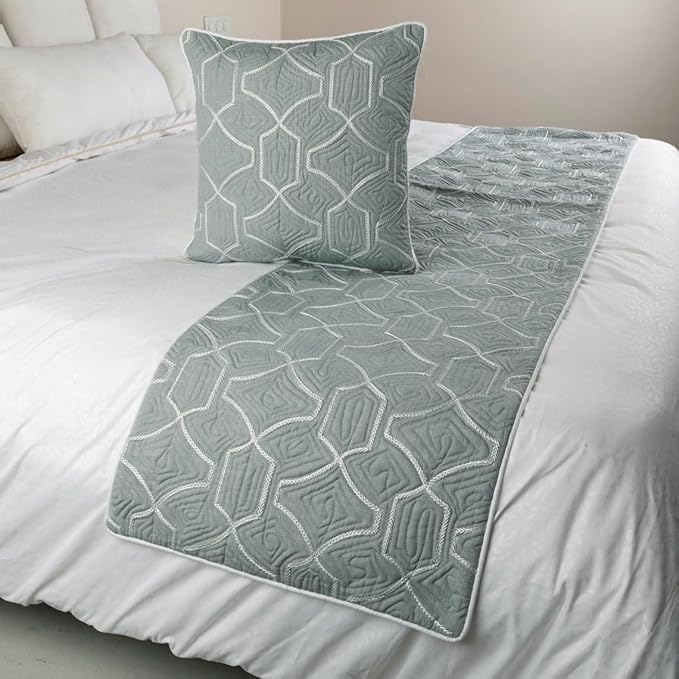 The HomeCentric King Queen Twin Grey Blue Bed Runner with Decorative Throw Pillow Cover, Twin Size 53"x18" Bed Runner with Pillow Cover, Linen Quilted Embroidery, Modern Contemporary - Atmosphere