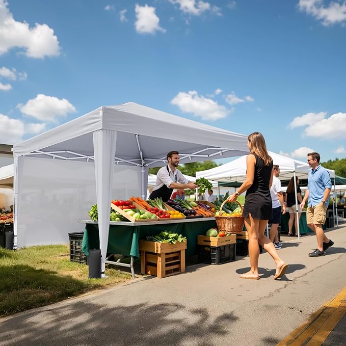 10x10 Pop Up Canopy with Sidewalls, Instant Portable Canopy Tent with Carry Bag for Commercial Events, Camping, Parties - White