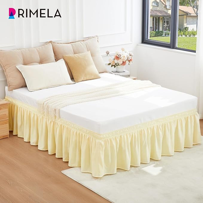 RIMELA Bed Skirt Queen Size 15 Inch Drop, Wrap Around Elastic Bedskirt Solid Microfiber Luxury Hotel Quality Fabric, Easy to Install Machine Washable Wrinkle & Fade Resistant, Light Yellow