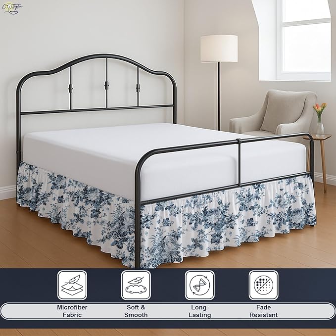 Cottington Lane Ruffled Bed Skirt Queen Size with Split Corner, Brushed Microfiber Hotel Quality Dust Ruffle, 18 Inch Drop Gathered Bedskirt, Soft, Stylish, Shrink & Fade Resistant, Blue Floral Bliss