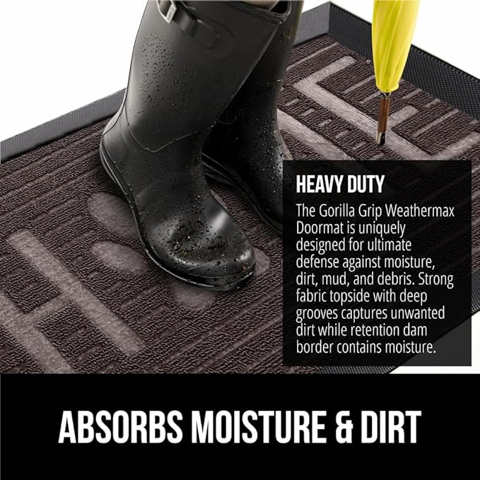 GORILLA GRIP 100% Waterproof All-Season WeatherMax Doormat 35x23, US Designed Natural Rubber, Stain and Fade Resistant, Low Profile Indoor Outdoor Door Mats, Easy Clean Patio Mat, Espresso Home Paw