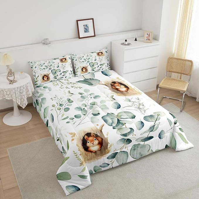 Erosebridal Kawaii Squirrel Bedding Toddler Size for Boys Girls Cartoon Animal Comforter Set, Eucalyptus Leaves Duvet Insert Jungle Wildlife Quilt Comforter, Tropical Plants Bedding Comforters & Sets
