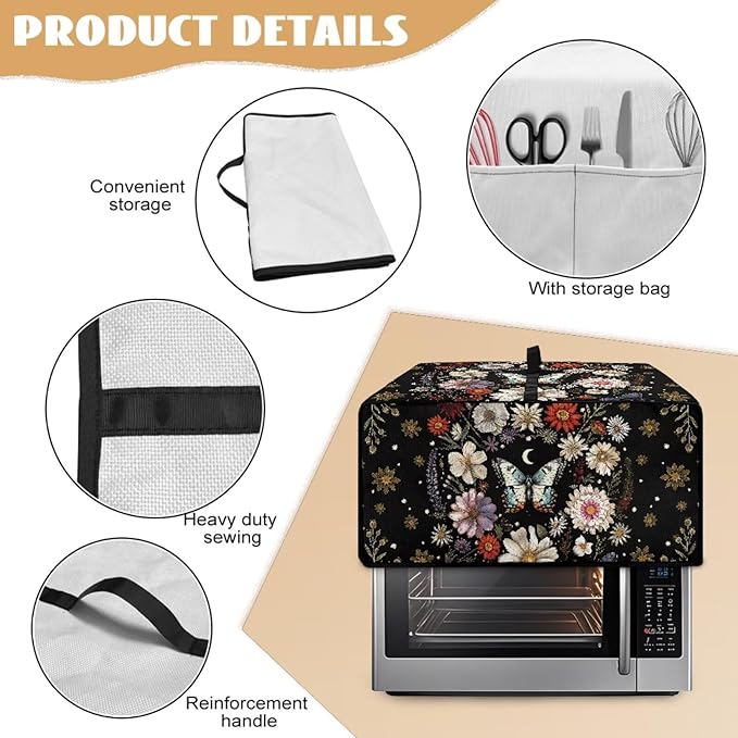 Convection Oven Cover with Pockets, Dust-Proof Protective Smart Oven Cover Small Appliances Protector Kitchen Decor, L, 18.5 x 22.5 x 13 Inches, Butterfly Daisy Moon Black