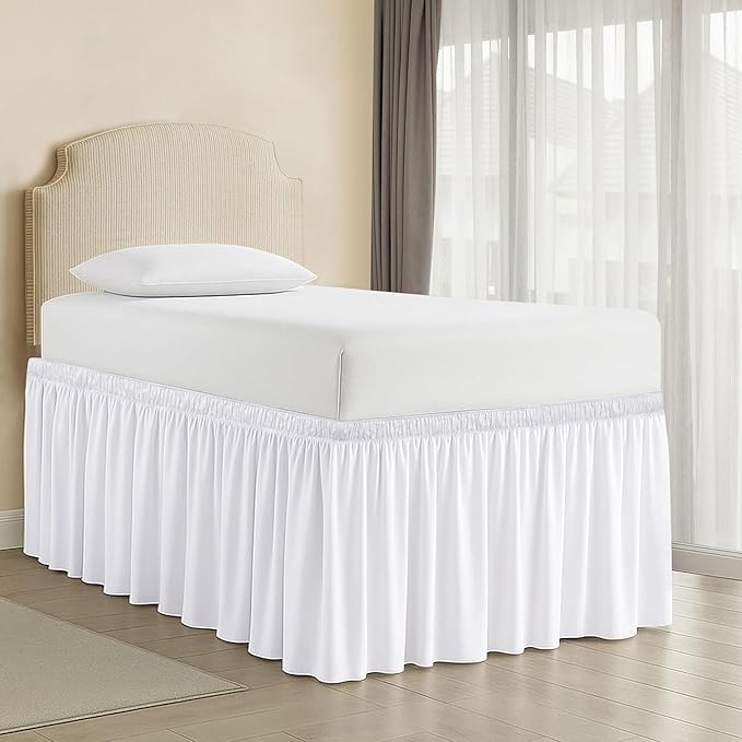 Dorm Bed Skirt Twin XL 30 Inch Drop, 100% Microfiber Extra Long College Dust Ruffle Bedskirt for Adjustable Beds, Elastic Wrap Around Design, White