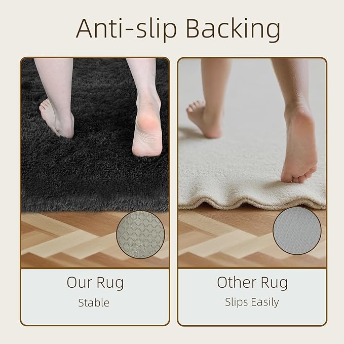 3x5 Solid Fluffy Black Area Rug – Washable, Durable, Living Room Rug, Non-Slip High Pile Shag Rugs for Bedroom, Living Room, Bedside, Dorms, Nursery Rooms, Kids Room, Soft Indoor Floor Carpet