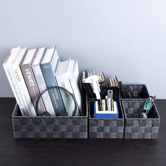 Posprica Woven Storage Baskets for Organizing, Small Baskets Cube Bin Container Tote Organizer Divider for Drawer, Closet, Shelf, Dresser, Set of 4(Dark Grey)