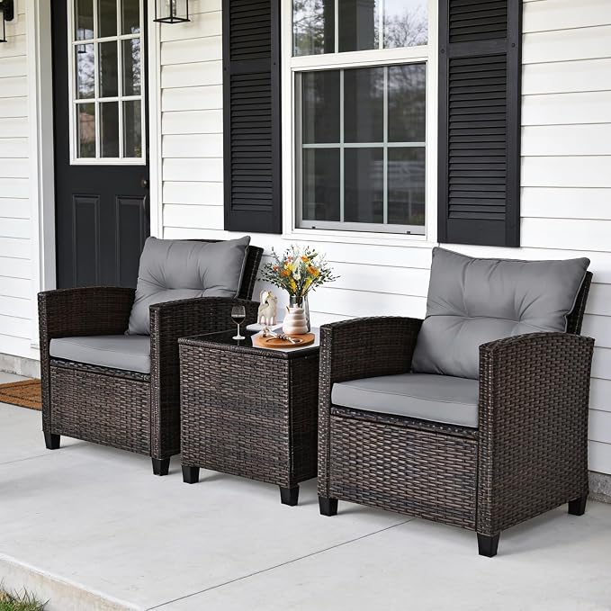 COSTWAY 3PCS Patio Furniture Set, PE Rattan Wicker Sofa w/Washable Cushion and
