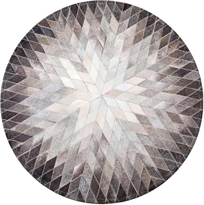 Cowhide Hairon Leather Round Rug, Geometric Patterned Circle Carpet for Living Room, Bedroom, Hall, Brown, 6×6ft