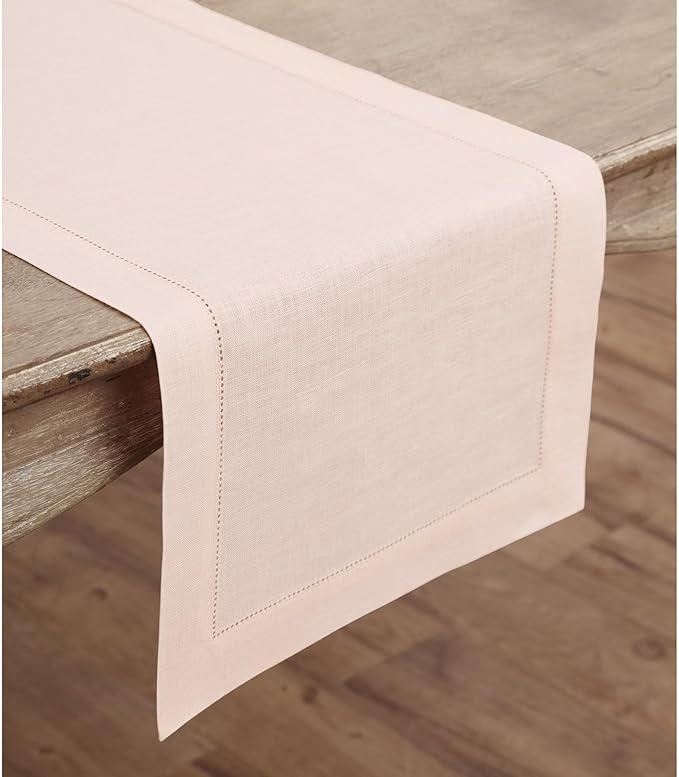 Solino Home Linen Pink Table Runner 48 Inches - Classic Hemstitch, 100% Pure Linen Coffee Table Runner 14 x 48 Inch Ideal for Dresser Tables - Christmas